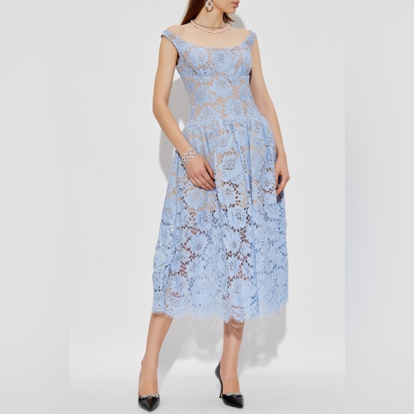 NWT- Self-Portrait Blue Midi Dress in Floral Lace - Picture 8 of 17